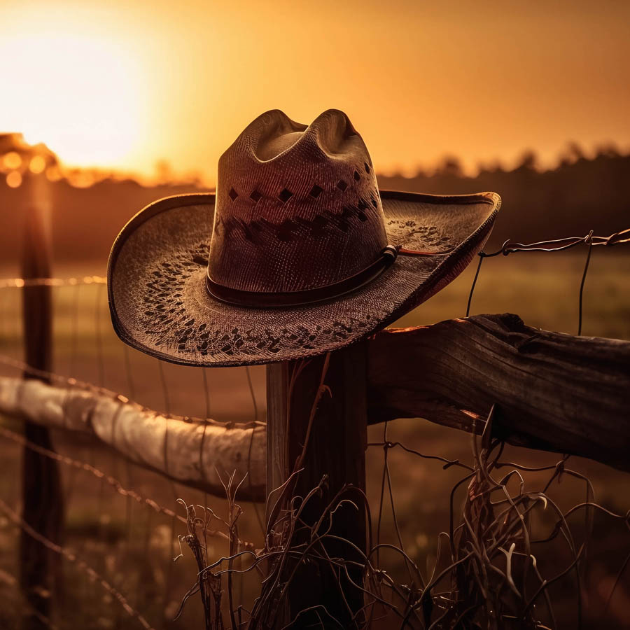 Cowboy-Hut, Ranch, Sonnenuntergang